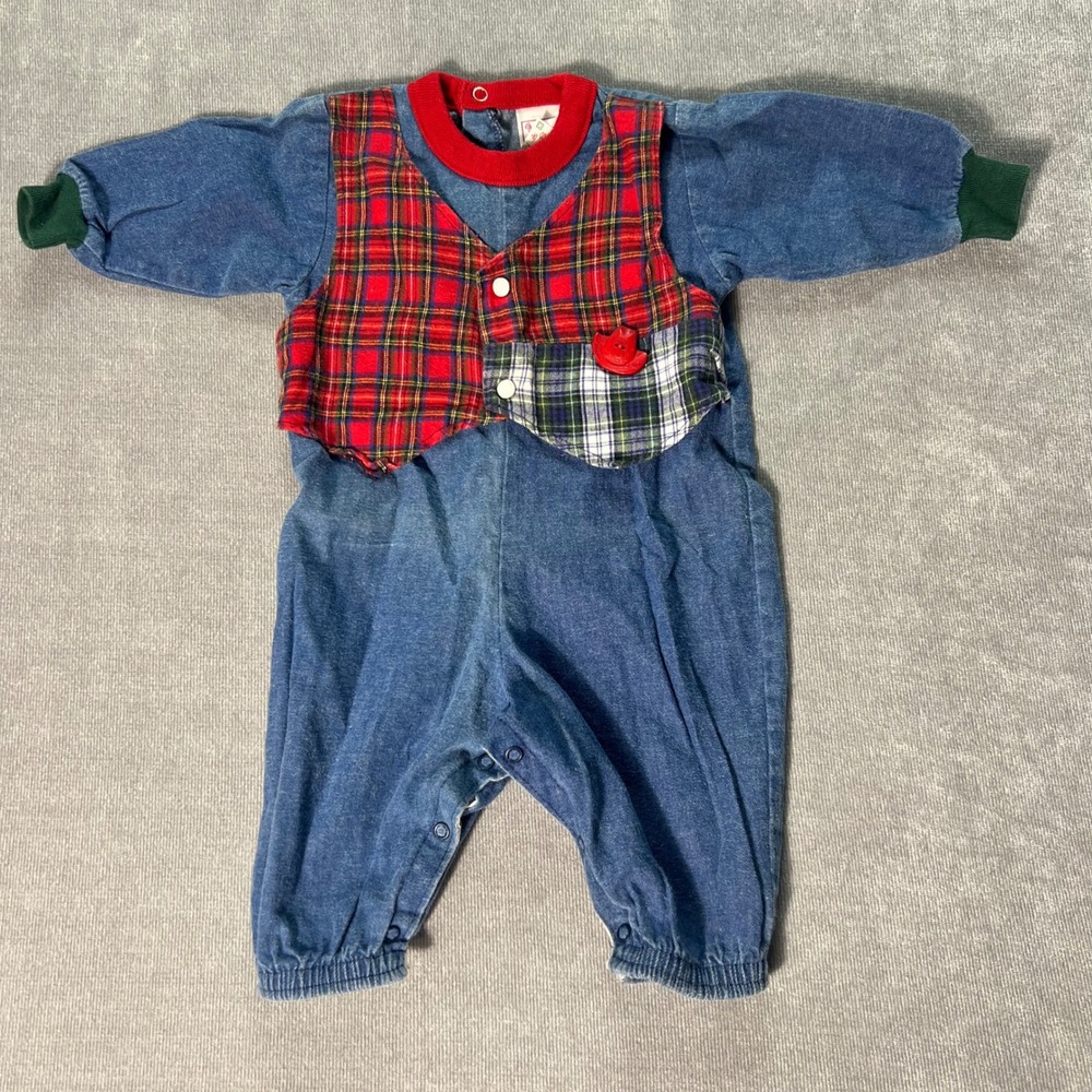 Vintage Buster Brown Denim Plaid Faux Vest Romper 6-9M Blue Red Green Cowboy Hat
